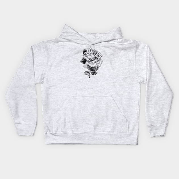 Rose Flower Black and White Illustration Kids Hoodie by Biophilia